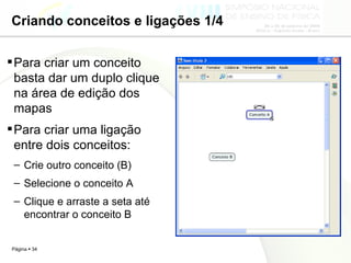 Criando conceitos e ligações 1/4 Para criar um conceito basta dar um duplo clique na área de edição dos mapas Para criar uma ligação entre dois conceitos: Crie outro conceito (B) Selecione o conceito A Clique e arraste a seta até encontrar o conceito B 
