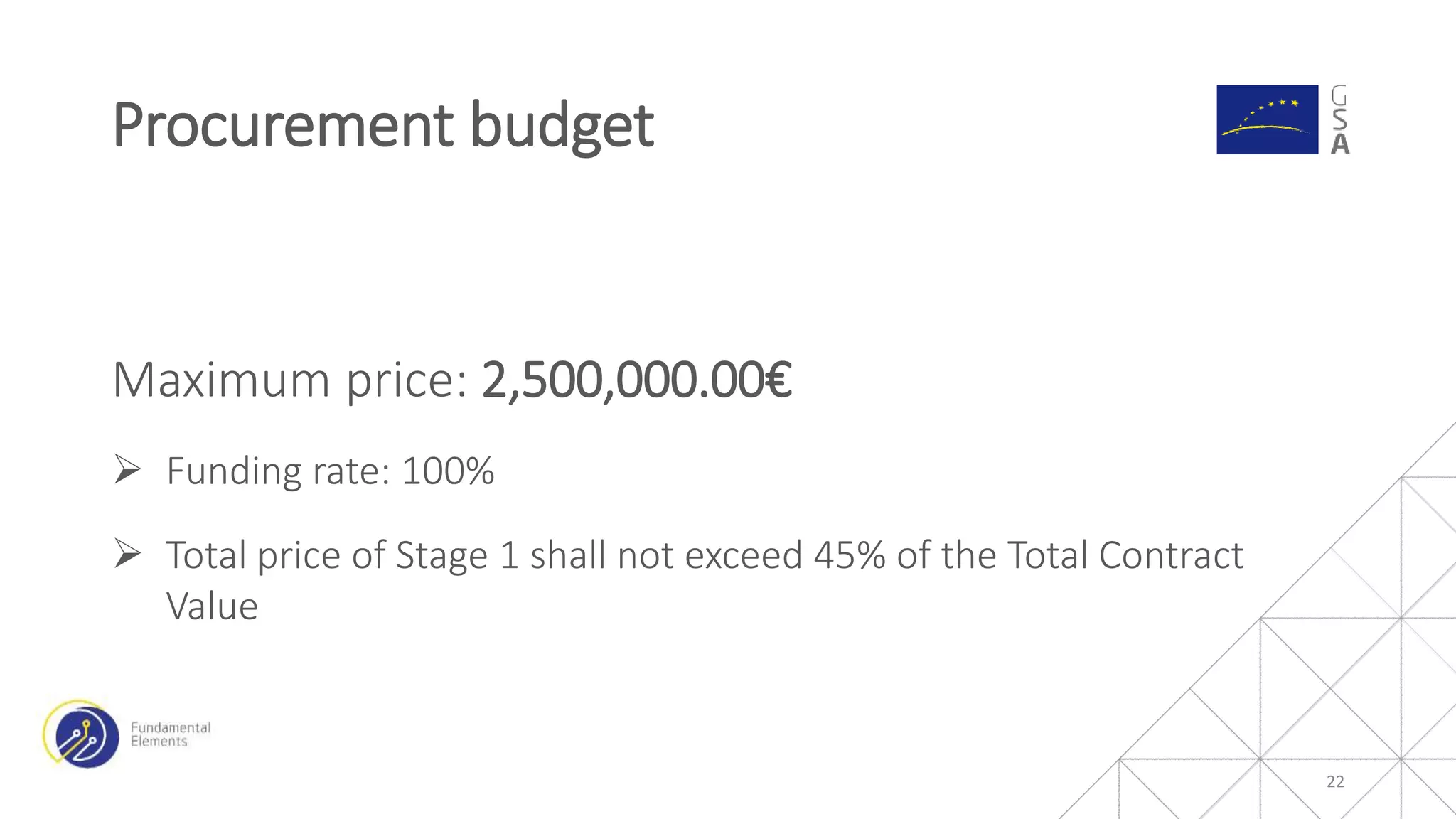 Maximum price: 2,500,000.00€
 Funding rate: 100%
 Total price of Stage 1 shall not exceed 45% of the Total Contract
Value
Procurement budget
22
 
