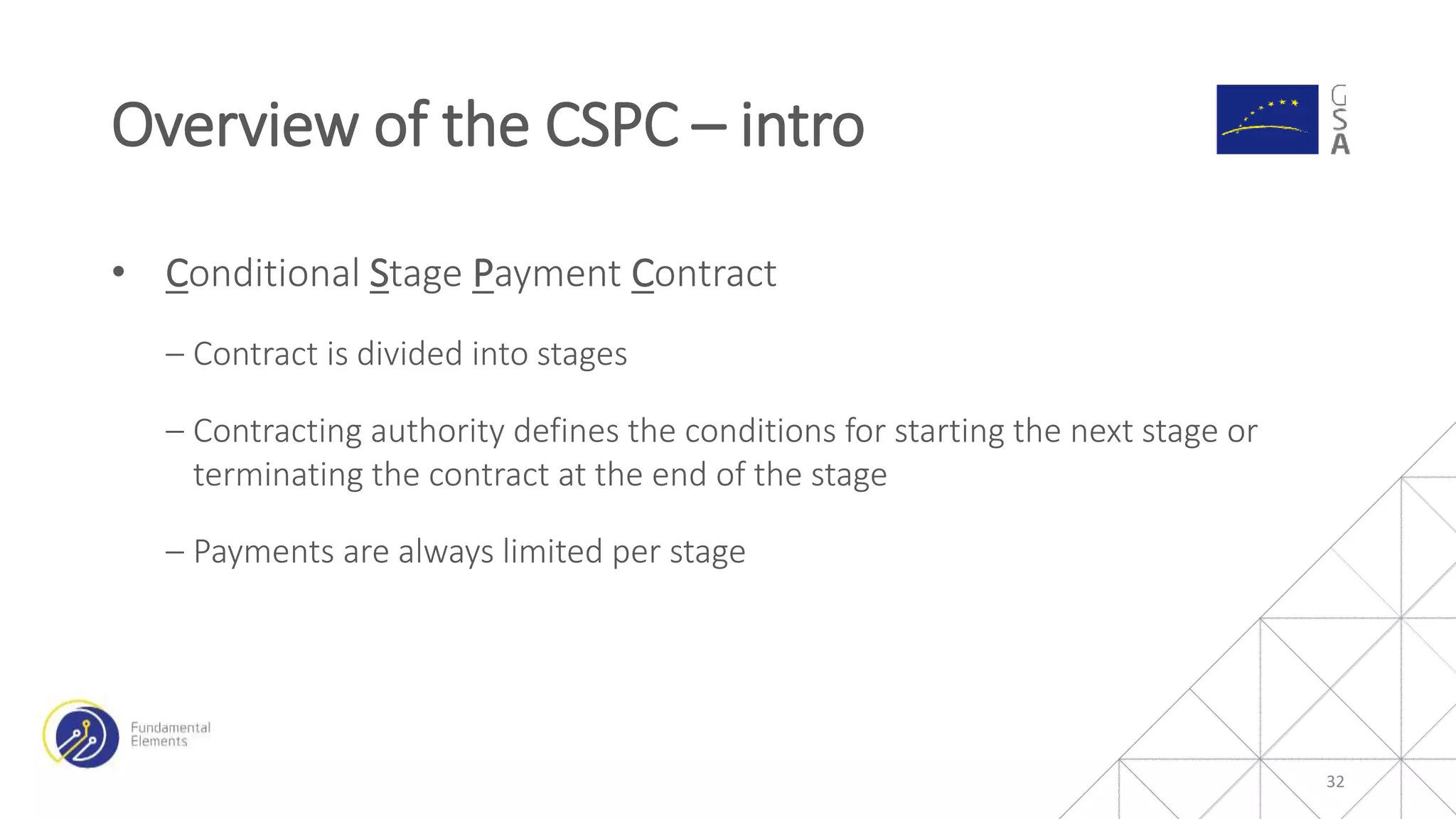 • Conditional Stage Payment Contract
‒ Contract is divided into stages
‒ Contracting authority defines the conditions for starting the next stage or
terminating the contract at the end of the stage
‒ Payments are always limited per stage
Overview of the CSPC – intro
32
 