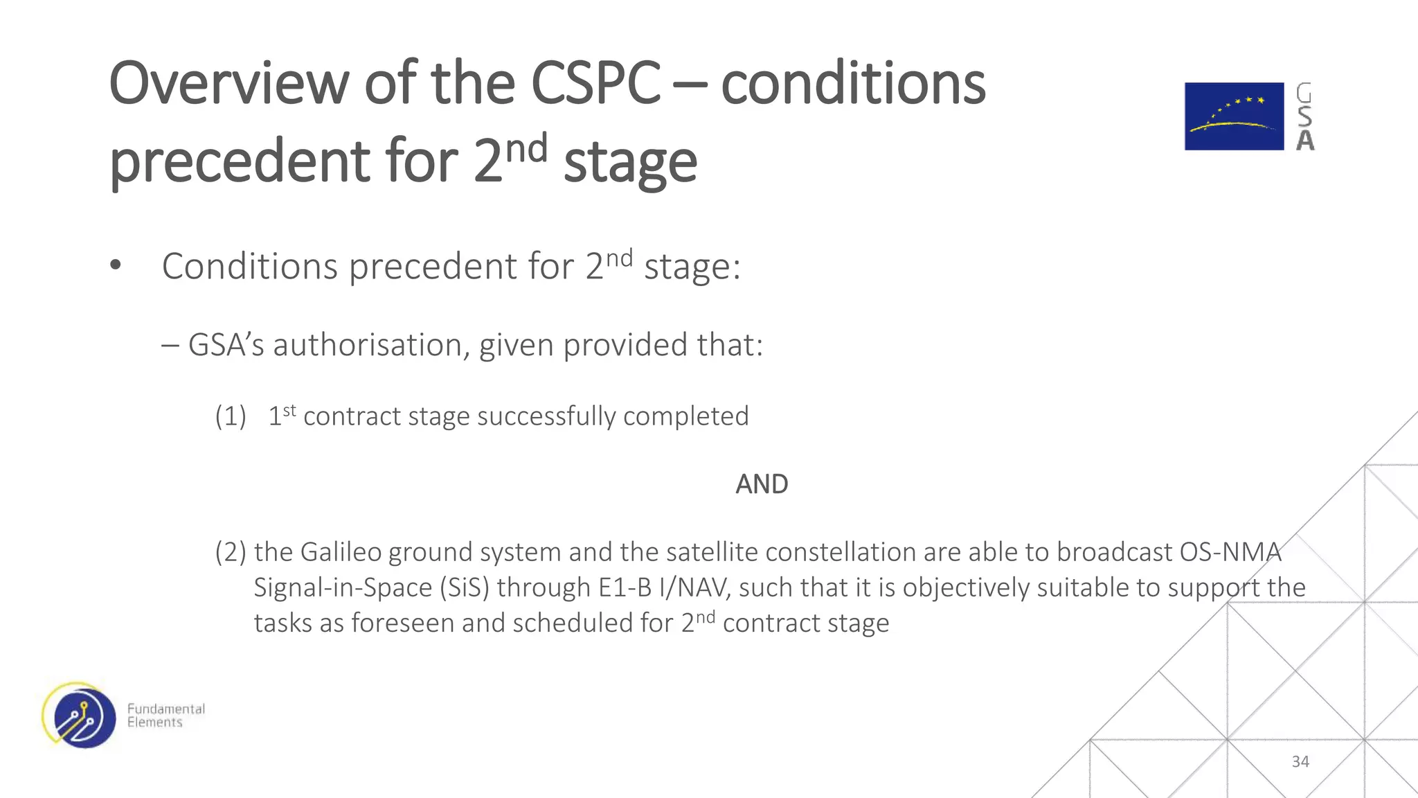 • Conditions precedent for 2nd stage:
‒ GSA’s authorisation, given provided that:
(1) 1st contract stage successfully completed
AND
(2) the Galileo ground system and the satellite constellation are able to broadcast OS-NMA
Signal-in-Space (SiS) through E1-B I/NAV, such that it is objectively suitable to support the
tasks as foreseen and scheduled for 2nd contract stage
Overview of the CSPC – conditions
precedent for 2nd stage
34
 