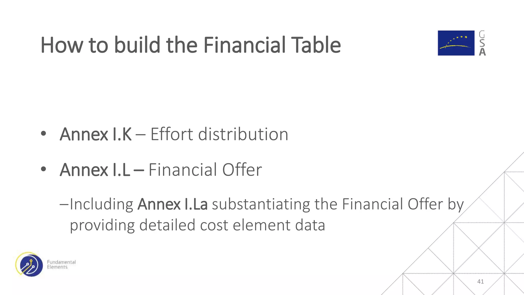 • Annex I.K – Effort distribution
• Annex I.L – Financial Offer
‒Including Annex I.La substantiating the Financial Offer by
providing detailed cost element data
How to build the Financial Table
41
 