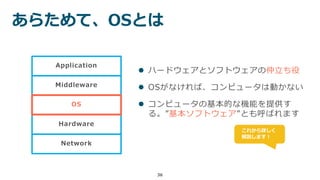 36
あらためて、OSとは
 ハードウェアとソフトウェアの仲立ち役
 OSがなければ、コンピュータは動かない
 コンピュータの基本的な機能を提供す
る。”基本ソフトウェア”とも呼ばれます
Hardware
Network
Middleware
Application
OS
これから詳しく
解説します！
 