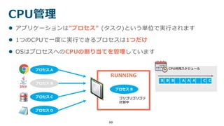 60
CPU管理
 アプリケーションは”プロセス” (タスク)という単位で実行されます
 1つのCPUで一度に実行できるプロセスは1つだけ
 OSはプロセスへのCPUの割り当てを管理しています
RUNNING
プロセス A
プロセス B
プロセス C
プロセス D
ゴリゴリゴリゴリ
計算中
B B B A A A C C
CPU利用スケジュール
プロセス B
 