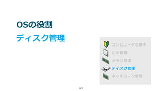 63
OSの役割
ディスク管理
コンピュータの基本
CPU管理
メモリ管理
ディスク管理
ネットワーク管理
 