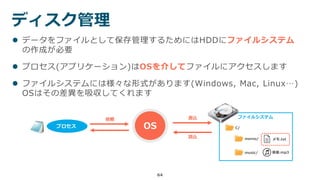 64
ディスク管理
 データをファイルとして保存管理するためにはHDDにファイルシステム
の作成が必要
 プロセス(アプリケーション)はOSを介してファイルにアクセスします
 ファイルシステムには様々な形式があります(Windows, Mac, Linux…)
OSはその差異を吸収してくれます
プロセス OS
書込
読込
ファイルシステム
C/
メモ.txtmemo/
music/ 音楽.mp3
依頼
 