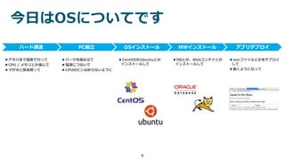 6
今日はOSについてです
ハード調達 PC組立 OSインストール MWインストール アプリデプロイ
 アキバまで電車で行って
 CPU / メモリとか選んで
 マザボと筐体買って
 パーツを組み立て
 電源につないで
 CPUのピンは折らないように
 CentOSかUbuntuとか
インストールして
 DBとか、Webコンテナとか
インストールして
 warファイルとかをデプロイ
して
 動くようになって
 