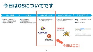7
今日はOSについてです
ハード調達 PC組立 OSインストール MWインストール アプリデプロイ
 アキバまで電車で行って
 CPU / メモリとか選んで
 マザボと筐体買って
 パーツを組み立て
 電源につないで
 CPUのピンは折らないように
 CentOSかUbuntuとか
インストールして
 DBとか、Webコンテナとか
インストールして
 warファイルとかをデプロイ
して
 動くようになって
今日はここ!
 