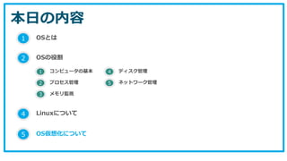 本日の内容
1 OSとは
2 OSの役割
5 OS仮想化について
1 コンピュータの基本
2 プロセス管理
3 メモリ監視
4 ディスク管理
5 ネットワーク管理
4 Linuxについて
 