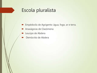 Escola pluralista
 Empédoclis de Agrigento: água, fogo, ar e terra.
 Anaxágoras de Clazómena
 Leucipo de Abdera
 Demócrito de Abdera
 