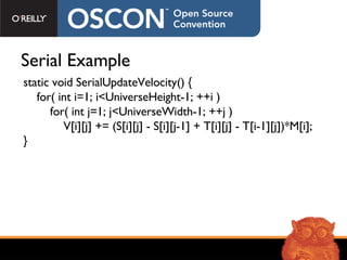 Serial Example static void SerialUpdateVelocity() { for( int i=1; i<UniverseHeight-1; ++i ) for( int j=1; j<UniverseWidth-1; ++j )  V[i][j] += (S[i][j] - S[i][j-1] + T[i][j] - T[i-1][j])*M[i]; } 