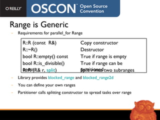 Range is Generic Requirements for parallel_for Range Library provides  blocked_range  and  blocked_range2d You can define your own ranges Partitioner calls splitting constructor to spread tasks over range Destructor R::~R() True if range is empty bool R::empty() const True if range can be partitioned bool R::is_divisible() const Split  r  into two subranges R::R (R& r,  split ) Copy constructor R::R (const  R&) 