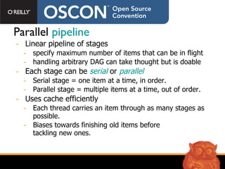 Parallel  pipeline Linear pipeline of stages specify maximum number of items that can be in flight handling arbitrary DAG can take thought but is doable Each stage can be  serial  or  parallel Serial stage = one item at a time, in order. Parallel stage = multiple items at a time, out of order. Uses cache efficiently Each thread carries an item through as many stages as possible. Biases towards finishing old items before tackling new ones. 