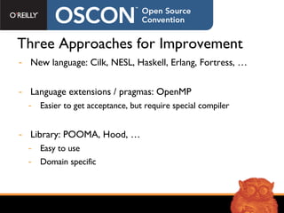 Three Approaches for Improvement New language: Cilk, NESL, Haskell, Erlang, Fortress, … Language extensions / pragmas: OpenMP Easier to get acceptance, but require special compiler Library: POOMA, Hood, … Easy to use Domain specific 