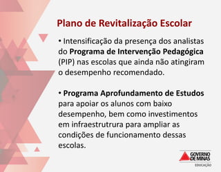 Plano de Revitalização Escolar
• Intensificação da presença dos analistas
do Programa de Intervenção Pedagógica
(PIP) nas escolas que ainda não atingiram
o desempenho recomendado.

• Programa Aprofundamento de Estudos
para apoiar os alunos com baixo
desempenho, bem como investimentos
em infraestrutrura para ampliar as
condições de funcionamento dessas
escolas.
 