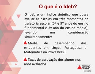 O que é o Ideb?
O Ideb é um índice sintético que busca
avaliar as escolas em três momentos da
trajetória escolar (5º e 9º anos do ensino
fundamental e 3º ano do ensino médio),
levando           em          consideração
simultaneamente:
 Média     de    desempenho   dos
estudantes em Língua Portuguesa e
Matemática na Prova Brasil.

 Taxas de aprovação dos alunos nos
anos avaliados.
 