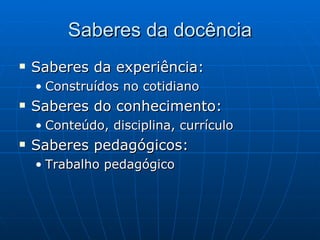 Saberes da docência Saberes da experiência:  Construídos no cotidiano Saberes do conhecimento: Conteúdo, disciplina, currículo Saberes pedagógicos: Trabalho pedagógico 