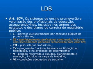 LDB Art. 67º.  Os sistemas de ensino promoverão a valorização dos profissionais da educação, assegurando-lhes, inclusive nos termos dos estatutos e dos planos de carreira do magistério público: I -  ingresso exclusivamente por concurso público de provas e títulos; II -  aperfeiçoamento profissional continuado, inclusive com licenciamento periódico remunerado para esse fim; III -  piso salarial profissional; IV -  progressão funcional baseada na titulação ou habilitação, e na avaliação do desempenho; V -  período reservado a estudos, planejamento e avaliação, incluído na carga de trabalho; VI -  condições adequadas de trabalho. 