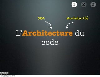 1    2     3


                                SOA    Modularité



                           L’Architecture du
                                 code



Friday 24 September 2010
 