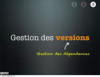 1   2      3




                Gestion des versions
                           Gestion des dépendances




Friday 24 September 2010
 