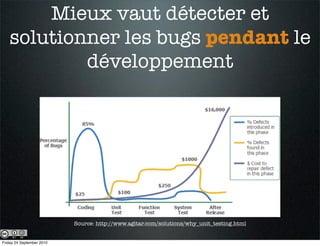 Mieux vaut détecter et
   solutionner les bugs pendant le
           développement




                           Source: http://www.agitar.com/solutions/why_unit_testing.html


Friday 24 September 2010
 