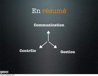 En résumé
                                 Communication




                           Contrôle         Gestion




Friday 24 September 2010
 