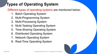 Types of Operating System
9/25/2023 Operating Systems by Dr. K. Radhika, AI & DS Dept. 12
Different types of operating systems are mentioned below:
1. Batch Operating System
2. Multi-Programming System
3. Multi-Processing System
4. Multi-Tasking Operating System
5. Time-Sharing Operating System
6. Distributed Operating System
7. Network Operating System
8. Real-Time Operating System
 