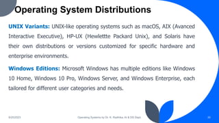 Operating System Distributions
9/25/2023 Operating Systems by Dr. K. Radhika, AI & DS Dept. 30
UNIX Variants: UNIX-like operating systems such as macOS, AIX (Avanced
Interactive Executive), HP-UX (Hewlettte Packard Unix), and Solaris have
their own distributions or versions customized for specific hardware and
enterprise environments.
Windows Editions: Microsoft Windows has multiple editions like Windows
10 Home, Windows 10 Pro, Windows Server, and Windows Enterprise, each
tailored for different user categories and needs.
 
