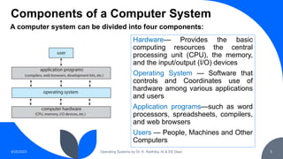 Components of a Computer System
9/25/2023 Operating Systems by Dr. K. Radhika, AI & DS Dept.
A computer system can be divided into four components:
Hardware— Provides the basic
computing resources the central
processing unit (CPU), the memory,
and the input/output (I/O) devices
Operating System — Software that
controls and Coordinates use of
hardware among various applications
and users
Application programs—such as word
processors, spreadsheets, compilers,
and web browsers
Users — People, Machines and Other
Computers
5
 