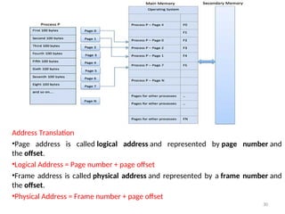 Address Translation
•Page address is called logical address and represented by page number and
the offset.
•Logical Address = Page number + page offset
•Frame address is called physical address and represented by a frame number and
the offset.
•Physical Address = Frame number + page offset
30
 