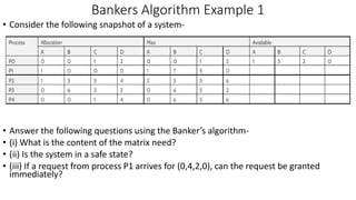 Bankers Algorithm Example 1
• Consider the following snapshot of a system-
• Answer the following questions using the Banker’s algorithm-
• (i) What is the content of the matrix need?
• (ii) Is the system in a safe state?
• (iii) If a request from process P1 arrives for (0,4,2,0), can the request be granted
immediately?
 