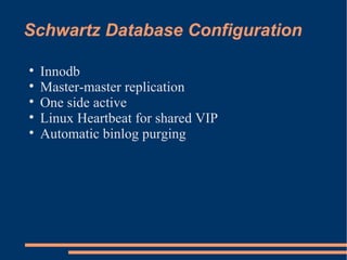 Schwartz Database Configuration Innodb Master-master replication One side active Linux Heartbeat for shared VIP Automatic binlog purging 