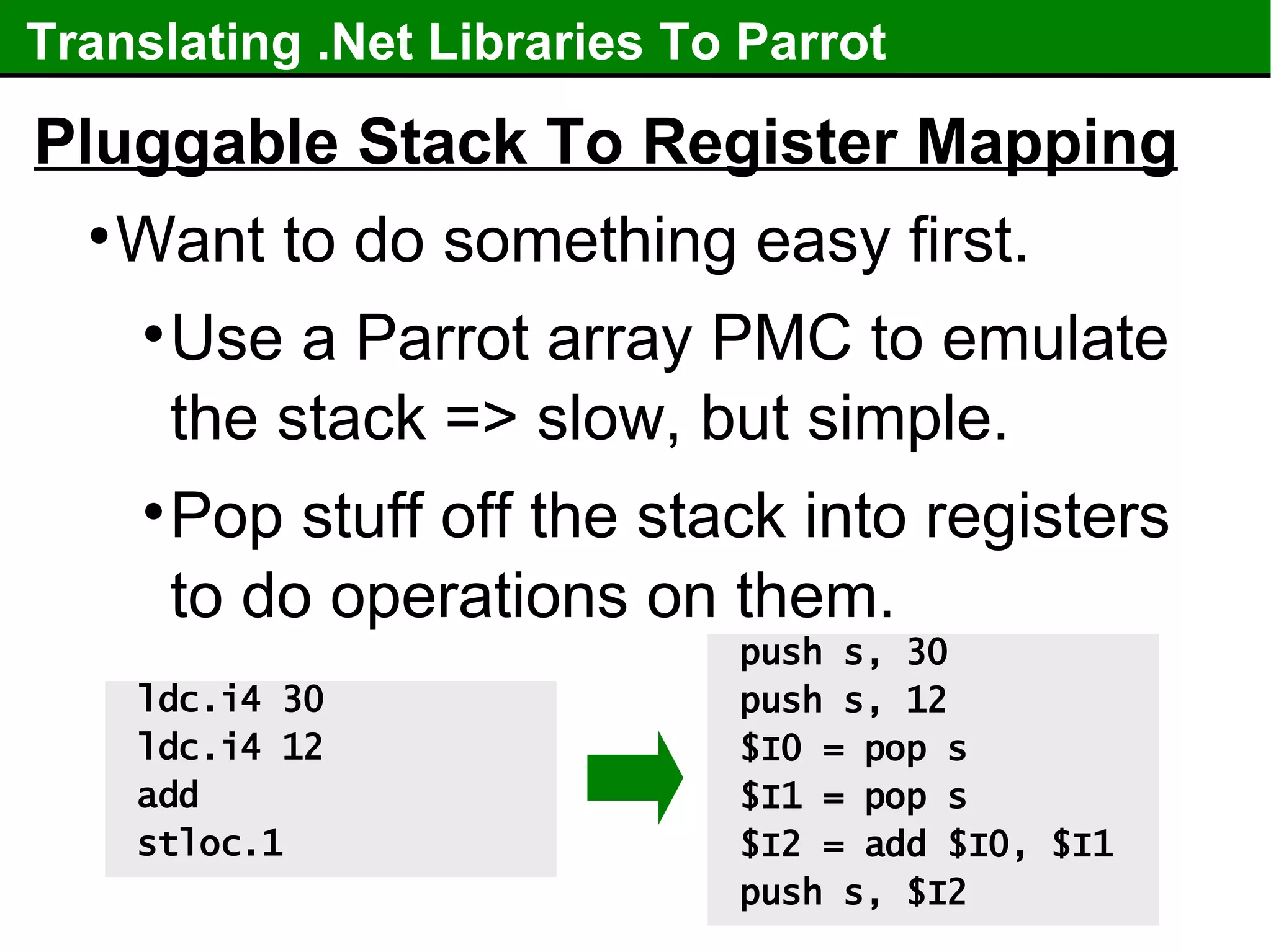 Translating .Net Libraries To Parrot Pluggable Stack To Register Mapping Want to do something easy first. Use a Parrot array PMC to emulate the stack => slow, but simple. Pop stuff off the stack into registers to do operations on them. ldc.i4 30 ldc.i4 12 add stloc.1 push s, 30 push s, 12 $I0 = pop s $I1 = pop s $I2 = add $I0, $I1 push s, $I2 