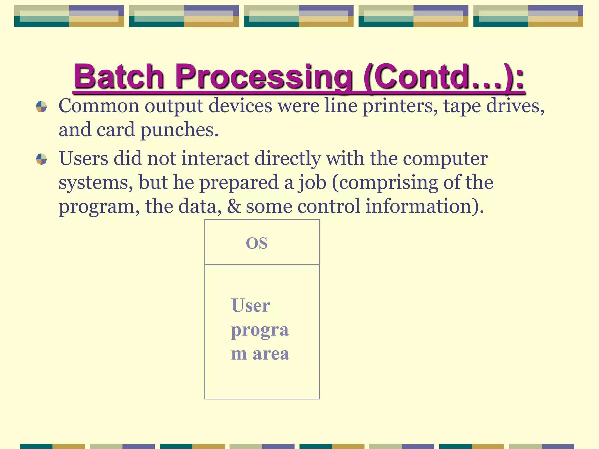 Batch Processing (Contd…):
Common output devices were line printers, tape drives,
and card punches.
Users did not interact directly with the computer
systems, but he prepared a job (comprising of the
program, the data, & some control information).
OS
User
progra
m area
 