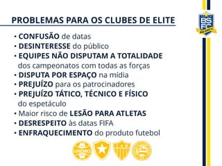 • CONFUSÃO de datas
• DESINTERESSE do público
• EQUIPES NÃO DISPUTAM A TOTALIDADE
dos campeonatos com todas as forças
• DISPUTA POR ESPAÇO na mídia
• PREJUÍZO para os patrocinadores
• PREJUÍZO TÁTICO, TÉCNICO E FÍSICO
do espetáculo
• Maior risco de LESÃO PARA ATLETAS
• DESRESPEITO às datas FIFA
• ENFRAQUECIMENTO do produto futebol
PROBLEMAS PARA OS CLUBES DE ELITE
 
