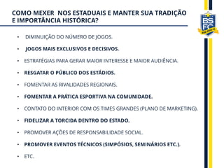 • DIMINUIÇÃO DO NÚMERO DE JOGOS.
• JOGOS MAIS EXCLUSIVOS E DECISIVOS.
• ESTRATÉGIAS PARA GERAR MAIOR INTERESSE E MAIOR AUDIÊNCIA.
• RESGATAR O PÚBLICO DOS ESTÁDIOS.
• FOMENTAR AS RIVALIDADES REGIONAIS.
• FOMENTAR A PRÁTICA ESPORTIVA NA COMUNIDADE.
• CONTATO DO INTERIOR COM OS TIMES GRANDES (PLANO DE MARKETING).
• FIDELIZAR A TORCIDA DENTRO DO ESTADO.
• PROMOVER AÇÕES DE RESPONSABILIDADE SOCIAL.
• PROMOVER EVENTOS TÉCNICOS (SIMPÓSIOS, SEMINÁRIOS ETC.).
• ETC.
COMO MEXER NOS ESTADUAIS E MANTER SUA TRADIÇÃO
E IMPORTÂNCIA HISTÓRICA?
 