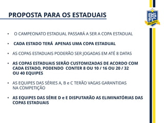 • O CAMPEONATO ESTADUAL PASSARÁ A SER A COPA ESTADUAL
• CADA ESTADO TERÁ APENAS UMA COPA ESTADUAL
• AS COPAS ESTADUAIS PODERÃO SER JOGADAS EM ATÉ 8 DATAS
• AS COPAS ESTADUAIS SERÃO CUSTOMIZADAS DE ACORDO COM
CADA ESTADO, PODENDO CONTER 8 OU 10 / 16 OU 20 / 32
OU 40 EQUIPES
• AS EQUIPES DAS SÉRIES A, B e C TERÃO VAGAS GARANTIDAS
NA COMPETIÇÃO
• AS EQUIPES DAS SÉRIE D e E DISPUTARÃO AS ELIMINATÓRIAS DAS
COPAS ESTADUAIS
PROPOSTA PARA OS ESTADUAIS
 
