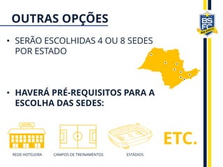 • SERÃO ESCOLHIDAS 4 OU 8 SEDES
POR ESTADO
• HAVERÁ PRÉ-REQUISITOS PARA A
ESCOLHA DAS SEDES:
ETC.
REDE HOTELEIRA CAMPOS DE TREINAMENTOS ESTÁDIOS
OUTRAS OPÇÕES
 