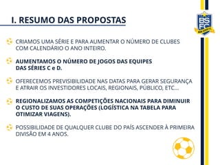 CRIAMOS UMA SÉRIE E PARA AUMENTAR O NÚMERO DE CLUBES
COM CALENDÁRIO O ANO INTEIRO.
AUMENTAMOS O NÚMERO DE JOGOS DAS EQUIPES
DAS SÉRIES C e D.
OFERECEMOS PREVISIBILIDADE NAS DATAS PARA GERAR SEGURANÇA
E ATRAIR OS INVESTIDORES LOCAIS, REGIONAIS, PÚBLICO, ETC...
REGIONALIZAMOS AS COMPETIÇÕES NACIONAIS PARA DIMINUIR
O CUSTO DE SUAS OPERAÇÕES (LOGÍSTICA NA TABELA PARA
OTIMIZAR VIAGENS).
POSSIBILIDADE DE QUALQUER CLUBE DO PAÍS ASCENDER À PRIMEIRA
DIVISÃO EM 4 ANOS.
I. RESUMO DAS PROPOSTAS
 