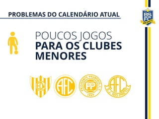 POUCOS JOGOS
PARA OS CLUBES
MENORES
PROBLEMAS DO CALENDÁRIO ATUAL
 