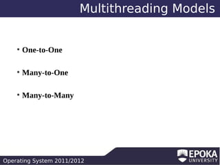 Multithreading Models

●

One-to-One

●

Many-to-One

●

Many-to-Many

Operating System 2011/2012

 