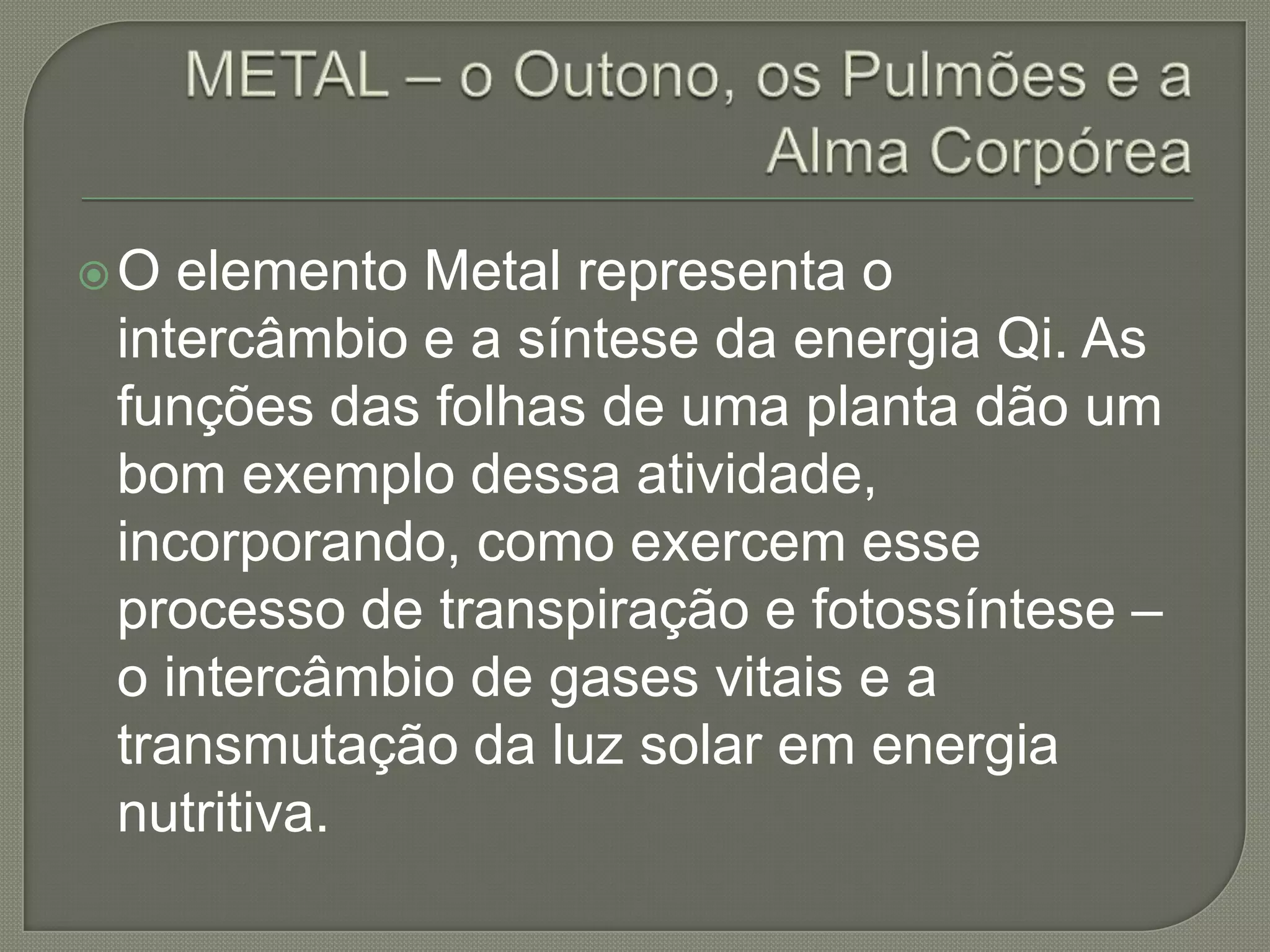 METAL – o Outono, os Pulmões e a Alma CorpóreaO elemento Metal representa o intercâmbio e a síntese da energia Qi. As funções das folhas de uma planta dão um bom exemplo dessa atividade, incorporando, como exercem esse processo de transpiração e fotossíntese – o intercâmbio de gases vitais e a transmutação da luz solar em energia nutritiva. 