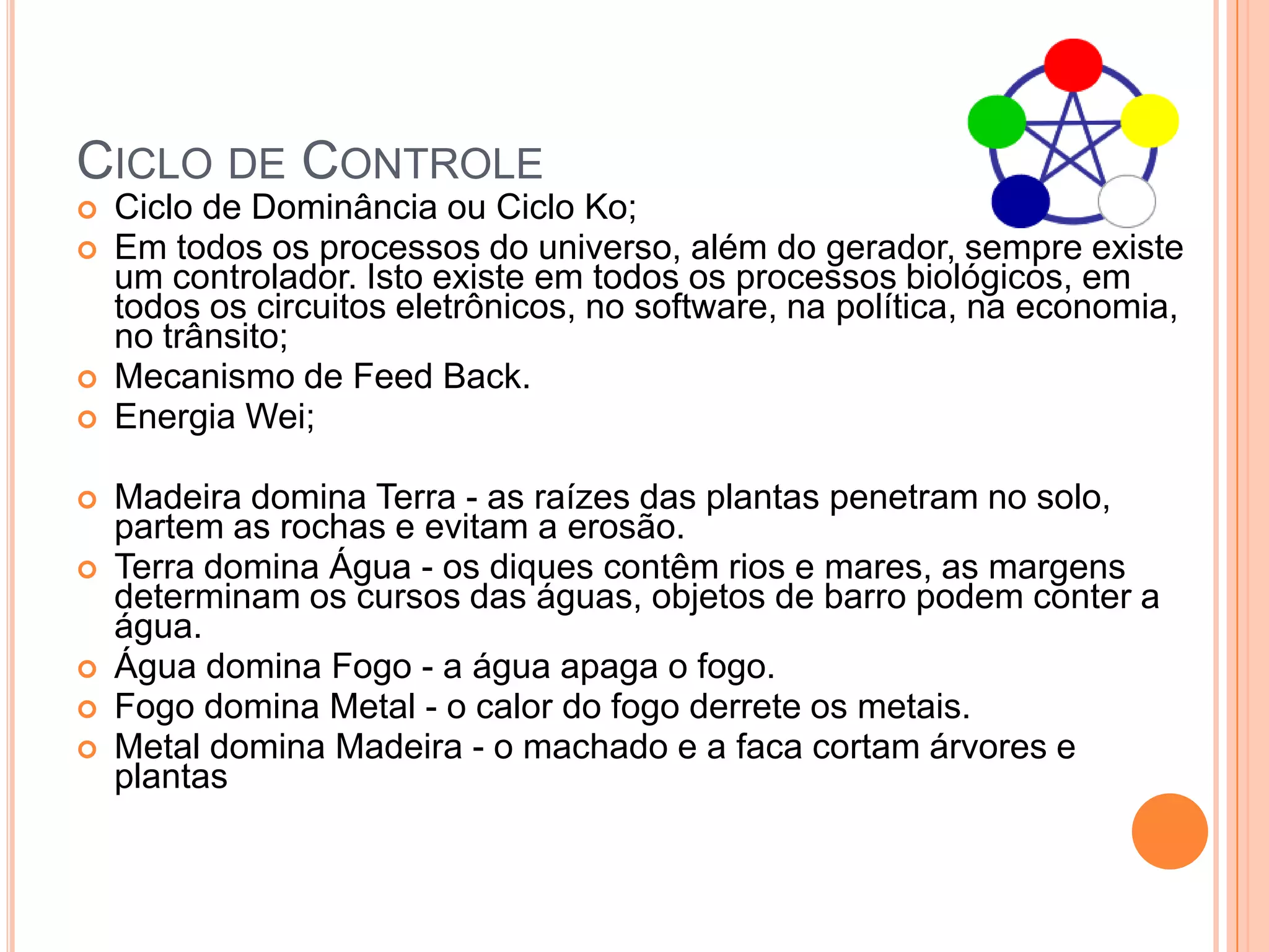 Ciclo de ControleCiclo de Dominância ou Ciclo Ko;Em todos os processos do universo, além do gerador, sempre existe um controlador. Isto existe em todos os processos biológicos, em todos os circuitos eletrônicos, no software, na política, na economia, no trânsito;Mecanismo de Feed Back.Energia Wei;Madeira domina Terra - as raízes das plantas penetram no solo, partem as rochas e evitam a erosão.Terra domina Água - os diques contêm rios e mares, as margens determinam os cursos das águas, objetos de barro podem conter a água.Água domina Fogo - a água apaga o fogo.Fogo domina Metal - o calor do fogo derrete os metais.Metal domina Madeira - o machado e a faca cortam árvores e plantas 