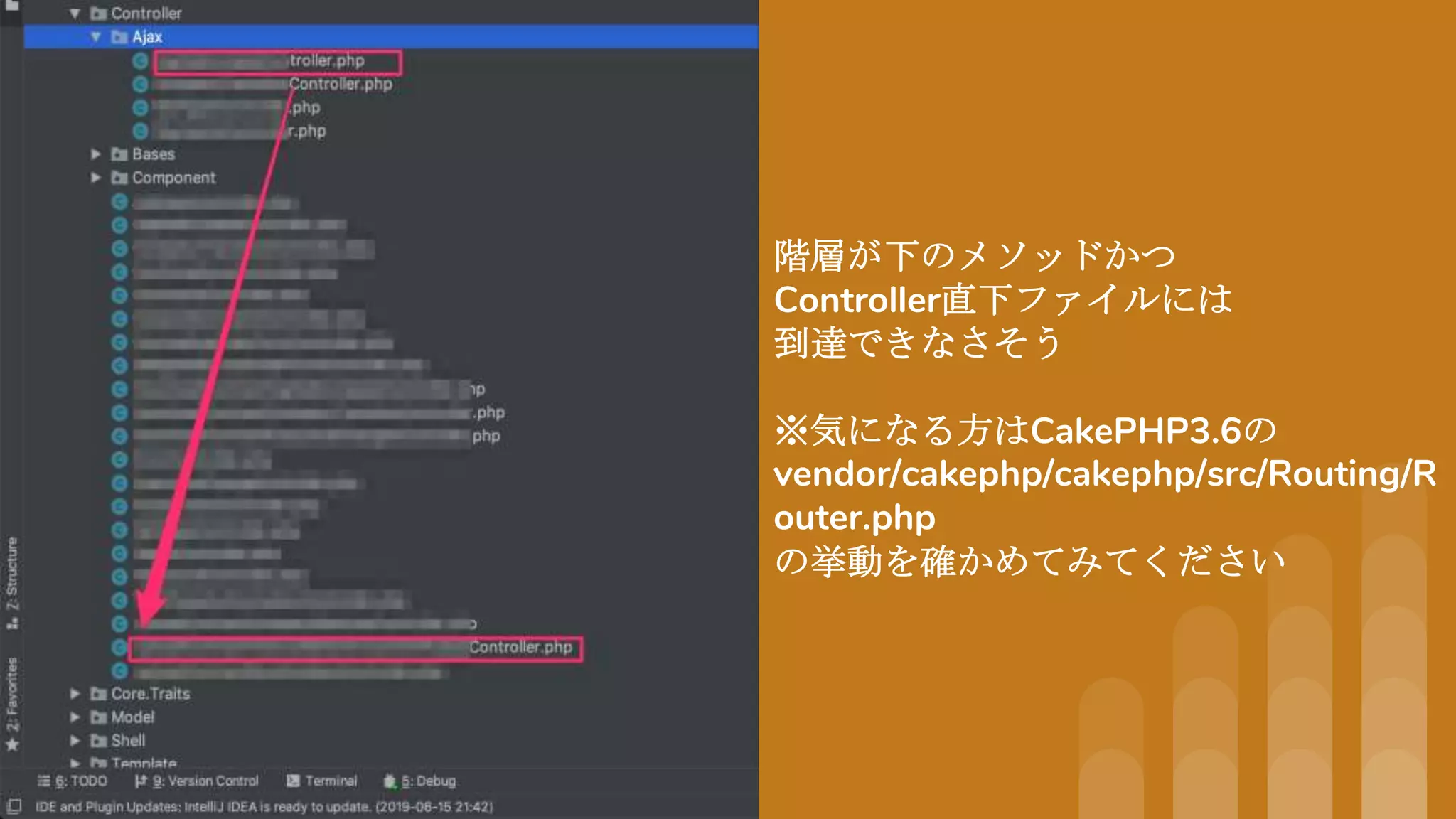 階層が下のメソッドかつ
Controller直下ファイルには
到達できなさそう
※気になる方はCakePHP3.6の
vendor/cakephp/cakephp/src/Routing/R
outer.php
の挙動を確かめてみてください
 