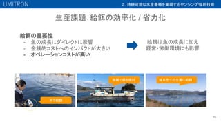 生産課題：給餌の効率化 / 省力化
18
給餌の重要性
- 魚の成長にダイレクトに影響
- 金銭的コストへのインパクトが大きい
- オペレーションコストが高い
手で給餌
機械で餌を噴射 毎日全ての生簀に給餌
２．持続可能な水産養殖を実現するセンシング/解析技術
給餌は魚の成長に加え
経営・労働環境にも影響
 