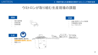 ウミトロンが取り組む生産現場の課題
26
環境
- 海水温把握
- 赤潮対策
- 急潮把握
- ...
- 給餌の効率化/省力化
- 成長管理の効率化 /省力化
- 種苗コスト
- ...
生産
流通
- 流通・販売チャネルの確保
- 市場価格の変動
- トレーサビリティ
- ...
２．持続可能な水産養殖を実現するセンシング/解析技術
 