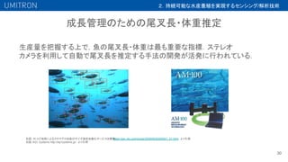 成長管理のための尾叉長・体重推定
30
生産量を把握する上で，魚の尾叉長・体重は最も重要な指標．ステレオ
カメラを利用して自動で尾叉長を推定する手法の開発が活発に行われている．
左図：AI・IoT技術によるクロマグロ幼魚のサイズ測定自動化サービスを開発
https://jpn.nec.com/press/202005/20200521_01.html　より引用
右図：AQ1 Systems http://aq1systems.jp/　より引用
２．持続可能な水産養殖を実現するセンシング/解析技術
 