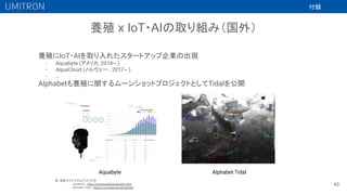 養殖 x IoT・AIの取り組み（国外）
43
養殖にIoT・AIを取り入れたスタートアップ企業の出現
- Aquabyte (アメリカ, 2018~ )
- AquaCloud (ノルウェー, 2017~ )
- …
Alphabetも養殖に関するムーンショットプロジェクトとしてTidalを公開
Alphabet Tidal
Aquabyte
図，動画はそれぞれ以下より引用
- Aquabyte : https://www.aquabyte.ai/index.html
- Alphabet Tidal : https://x.company/projects/tidal/
付録
 