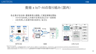養殖 x IoT・AIの取り組み（国内）
44
図はそれぞれ以下より引用
-（お知らせ）ドコモと鯖やグループが業務提携契約を締結 -ICTを活用した新たなサバ養殖モデルで水産業の発展に寄与- ＜2020年5月28日＞」https://www.nttdocomo.co.jp/info/news_release/2020/05/28_00.html
- 事例紹介: 福井県小浜市「鯖、復活」養殖効率化プロジェクトの今」　https://www.kddi.com/corporate/csr/regional-initiative/case-study/case23/
- 北海道大学水産科学研究院とソフトバンクがチョウザメのスマート養殖共同研究プロジェクトを開始～IoTやAIを用いた養殖システムの確立へ～<2020年2月13日>　 https://www.softbank.jp/corp/news/press/sbkk/2020/20200213_01/
NTTドコモ KDDI ソフトバンク
各企業が自治体・養殖業者と連携して実証実験を開始
- クラウドを利用した作業や生育状況などの一括管理
- AIを利用した各種作業の効率化・省力化
　　 ...
付録
 