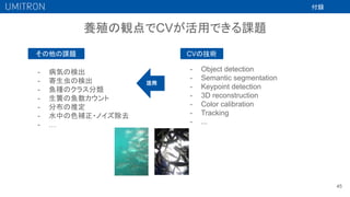 養殖の観点でCVが活用できる課題
45
- 病気の検出
- 寄生虫の検出
- 魚種のクラス分類
- 生簀の魚数カウント
- 分布の推定
- 水中の色補正・ノイズ除去
- …
その他の課題 CVの技術
- Object detection
- Semantic segmentation
- Keypoint detection
- 3D reconstruction
- Color calibration
- Tracking
- ...
活用
付録
 