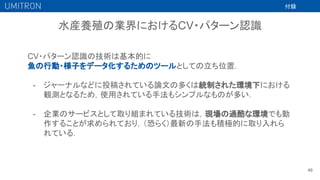水産養殖の業界におけるCV・パターン認識
46
CV・パターン認識の技術は基本的に
魚の行動・様子をデータ化するためのツールとしての立ち位置．
- ジャーナルなどに投稿されている論文の多くは統制された環境下における
観測となるため，使用されている手法もシンプルなものが多い．
- 企業のサービスとして取り組まれている技術は，現場の過酷な環境でも動
作することが求められており，（恐らく）最新の手法も積極的に取り入れら
れている．
付録
 